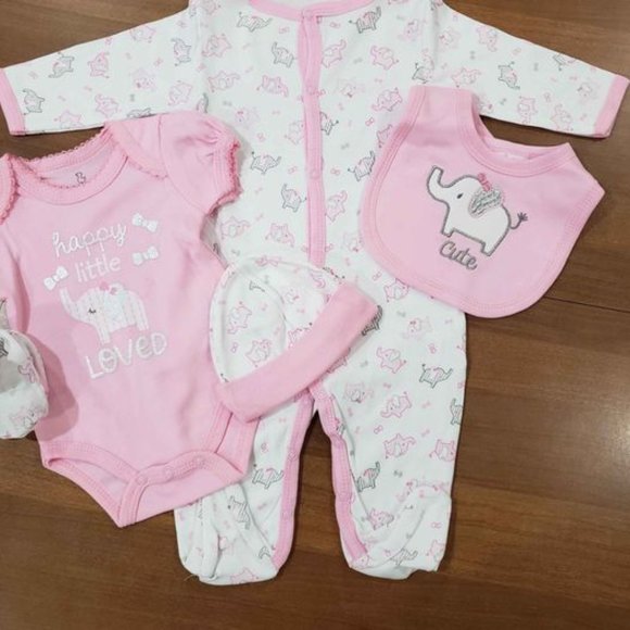 New Duck Duck Goose Girls 5-Piece Bring Home Baby Layette Pink & White Elephant - Picture 3 of 6